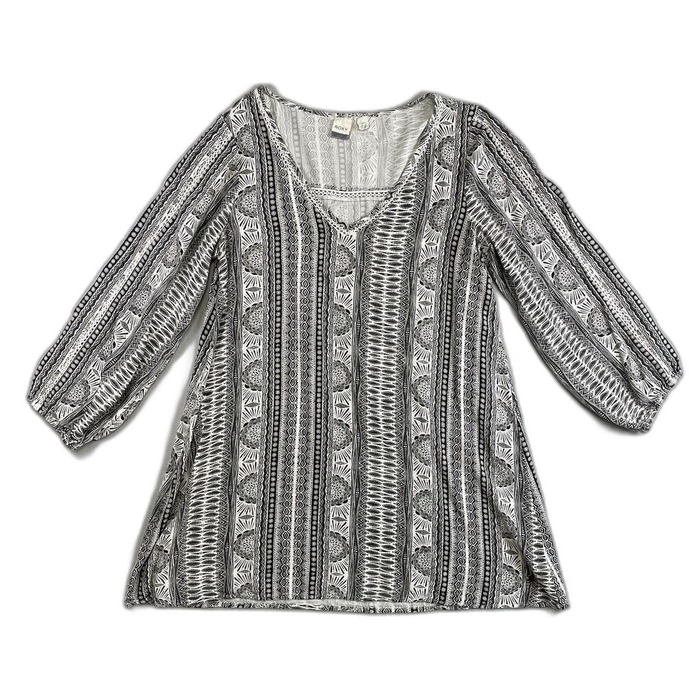 Roxy Boho Dress Crochet Detail Hippie Flowy Peasant Sleeve Beach Cover Up  Sz L